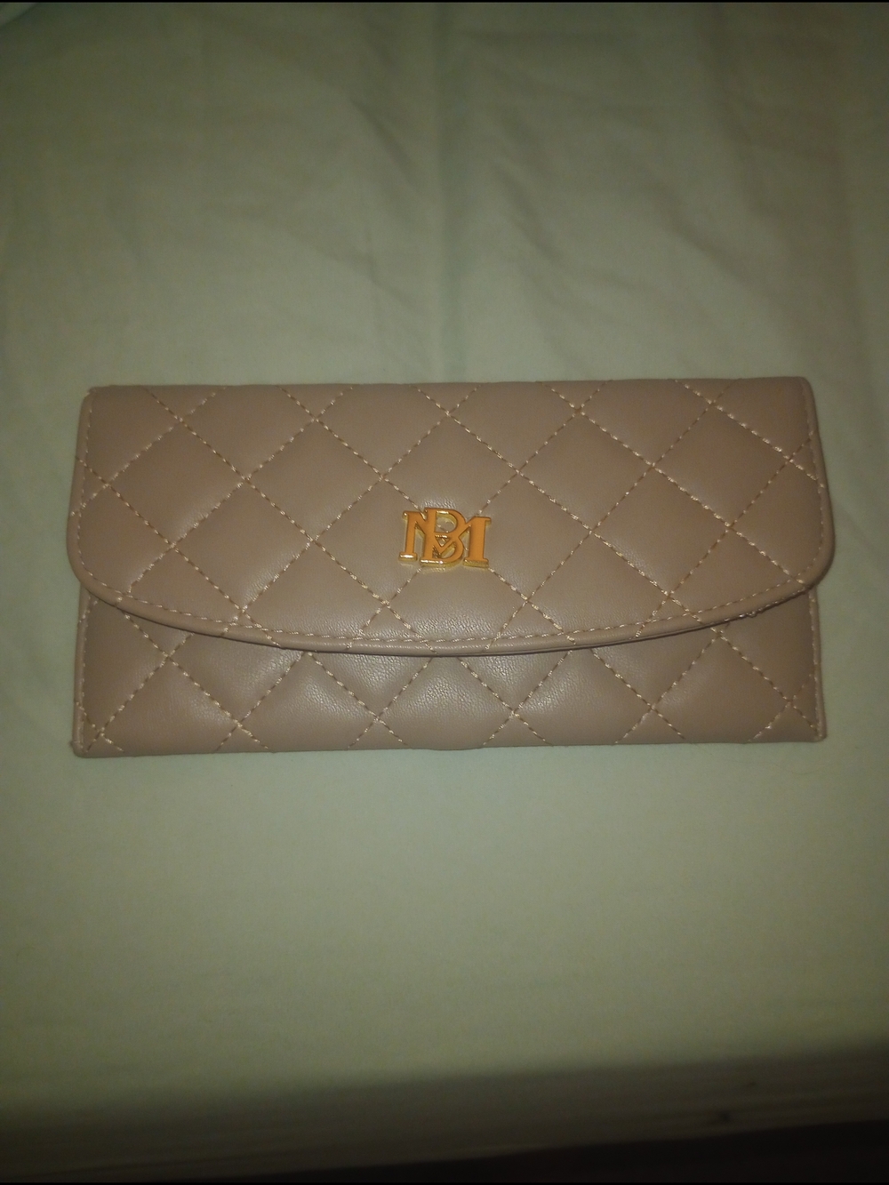 Badgley Mischka Quilted Nude Beige Wallet Clutch with Gold Logo